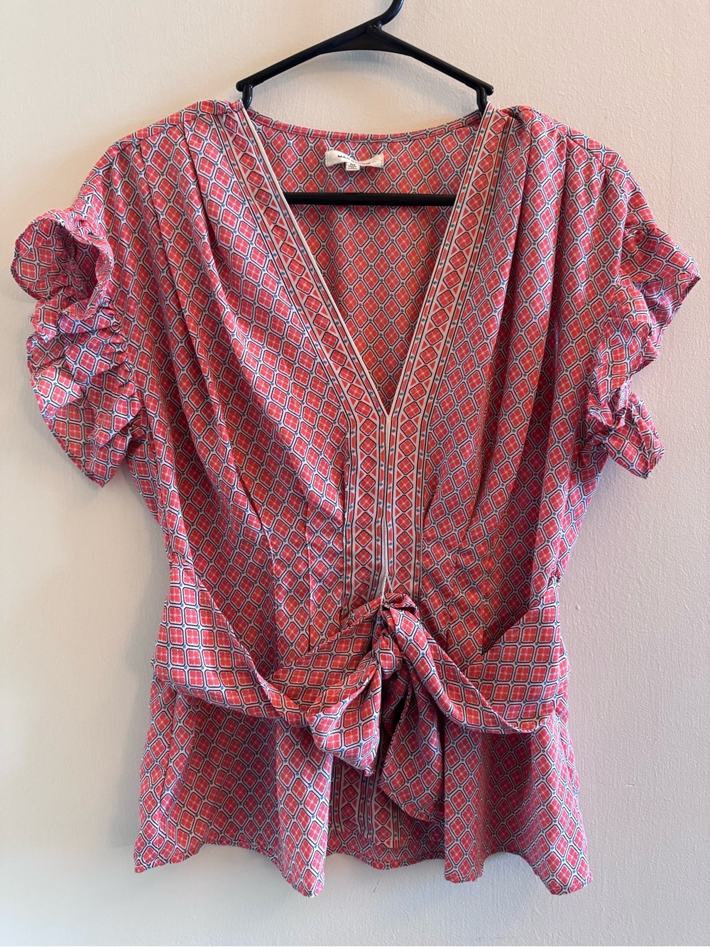 Max Studio Red Geometric V-Neck Tie-Front Blouse
